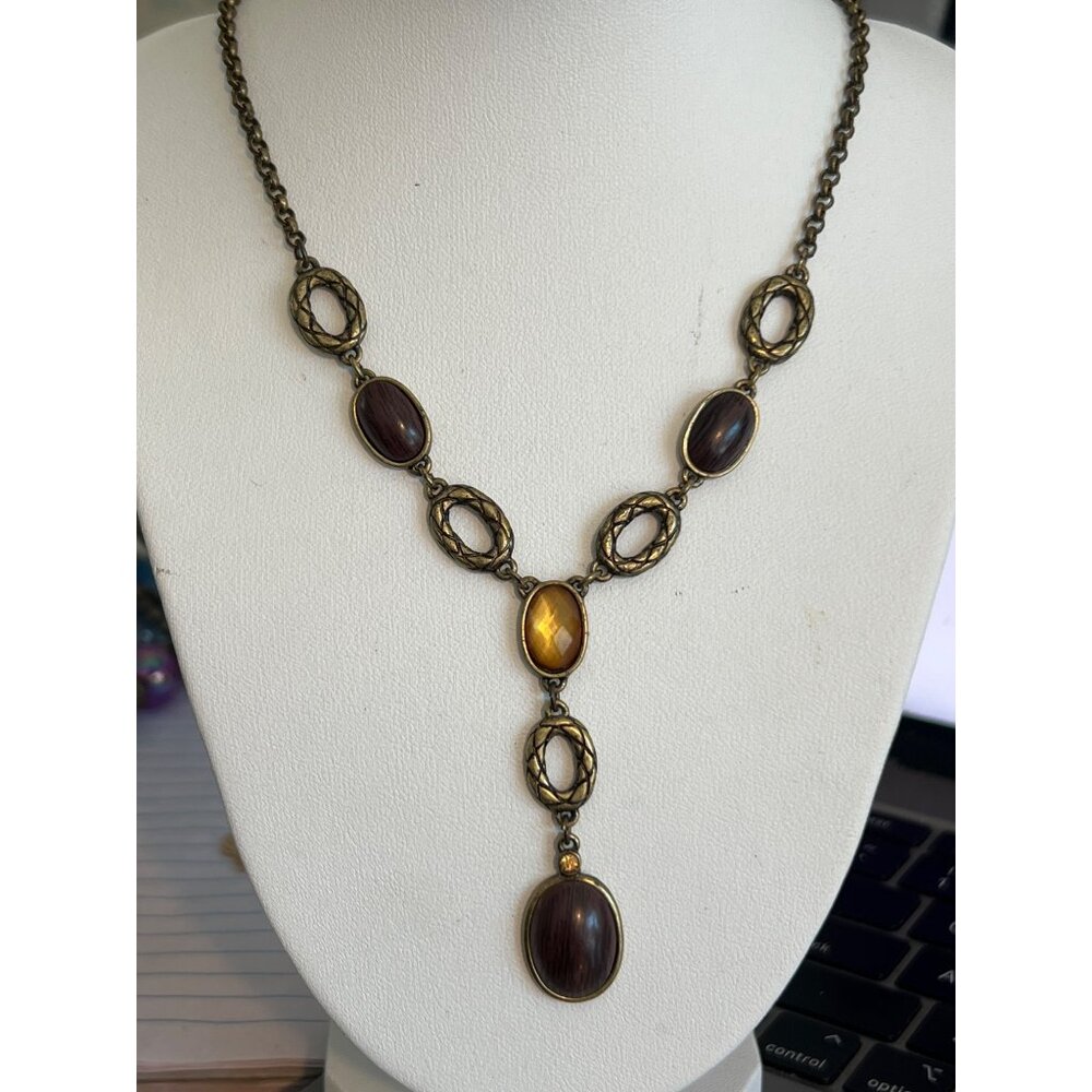 Vintage Avon SAQ Gold Tone Y Necklace Amber Brown Acrylic Cabochons Estate 16"
